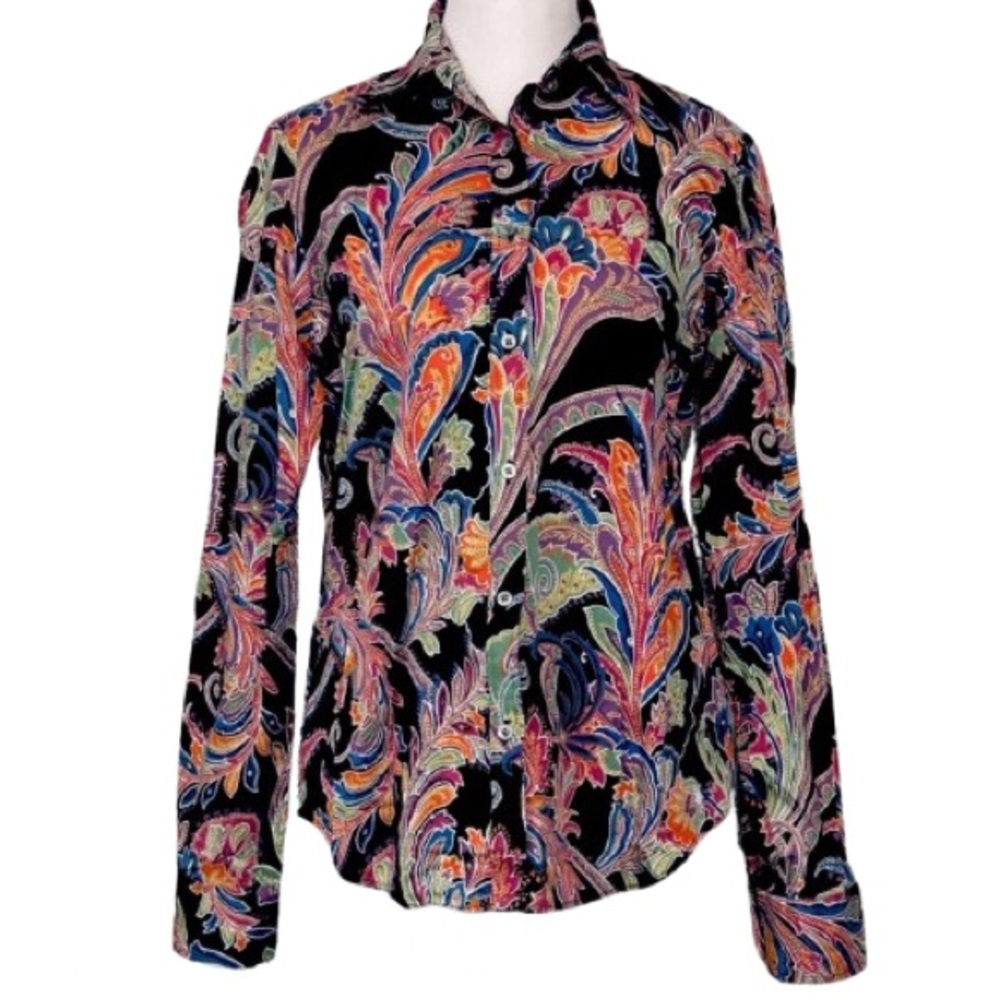 Ralph Lauren Vintage Med Cotton Multi Paisley Long Sleeve Shirt Boho Blouse Top